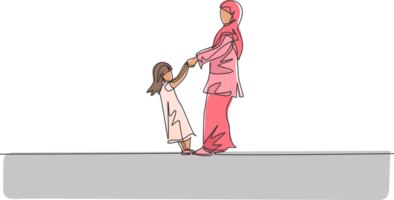 soltero uno línea dibujo de joven árabe mamá y hija participación mano, jugando juntos ilustración. contento islámico musulmán familia paternidad concepto. moderno continuo línea gráfico dibujar diseño png