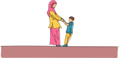 solteiro 1 linha desenhando do jovem árabe mãe e filho jogando e segurando juntos às casa ilustração. feliz islâmico muçulmano família parentalidade conceito. moderno contínuo linha gráfico desenhar Projeto png