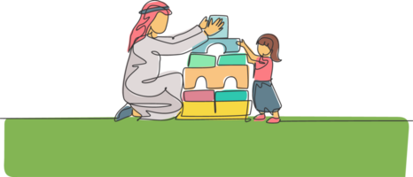 One single line drawing of young Islamic dad playing block foam puzzle house with his daughter at home illustration. Happy Arabian family parenting concept. Modern continuous line draw design png