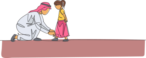 Single continuous line drawing of young Islamic father help his daughter to tie shoelaces before go to school, happy parenting. Arabian family care concept. One line draw design illustration png