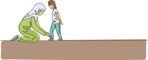 Single continuous line drawing of young Arabian mom help her son to tie shoelace before go to school, happy parenting. Islamic muslim family care concept. One line draw design illustration png