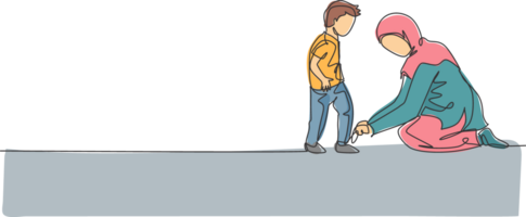 One single line drawing of young Islamic mom help her son to tie shoelace before go to the school illustration. Happy Arabian muslim family parenting concept. Modern continuous line draw design png