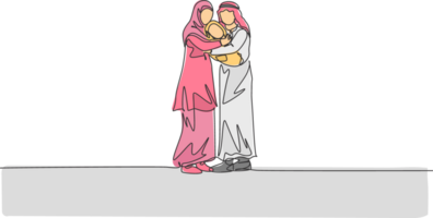 1 solteiro linha desenhando do jovem árabe pai e mãe abraçando seus bebê cheio do amor ilustração. islâmico muçulmano feliz família parentalidade conceito. moderno contínuo linha desenhar Projeto png