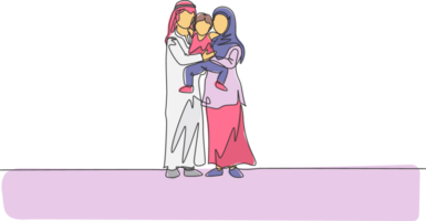 Célibataire continu ligne dessin de Jeune content islamique mère et père étreindre et levage leur garçon fils ensemble. musulman content famille parentalité concept. un ligne dessiner conception illustration png