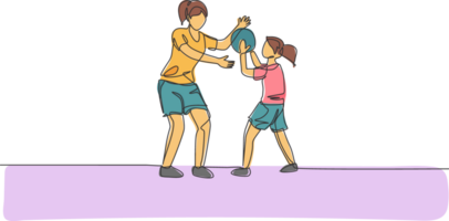 uno soltero línea dibujo de joven madre jugando baloncesto divertido con su hija a hogar campo ilustración. contento paternidad aprendizaje concepto. moderno continuo línea gráfico dibujar diseño png