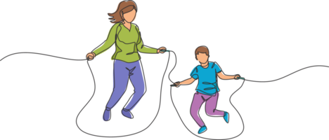 One continuous line drawing of young mother and his son train jumping with skipping rope at park near home. Happy family parenting concept. Dynamic single line draw graphic design illustration png