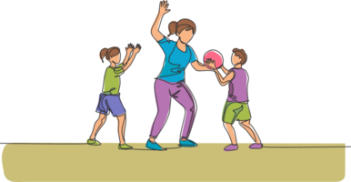 soltero continuo línea dibujo de joven madre jugando baloncesto divertido con su hijo y hija a hogar campo. contento familia paternidad concepto. de moda uno línea dibujar diseño gráfico ilustración png