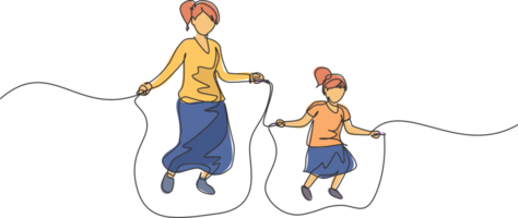 One continuous line drawing of young mom and her daughter exercise jumping with skipping rope at park near home. Happy family parenting concept. Dynamic single line draw design illustration png