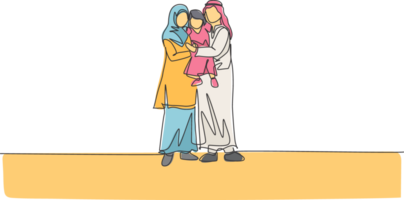 One single line drawing of young happy Arabian mom and dad lifting and hugging their daughter girl together illustration. Muslim happy family parenting concept. Continuous line draw design png