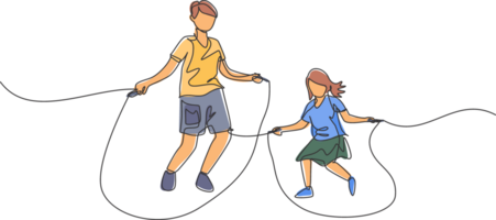 One continuous line drawing of young dad and his daughter practice jumping with skipping rope at park near home. Happy family parenting concept. Dynamic single line draw design illustration png