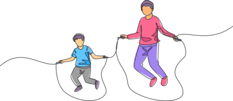 Célibataire continu ligne dessin Jeune père et le sien fils exercice sauter avec saut corde à parc près maison. content famille parentalité concept. branché un ligne dessiner conception graphique illustration png