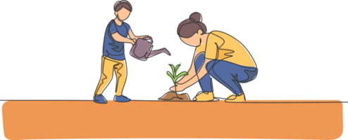 uno soltero línea dibujo de joven madre enseñar su hijo plantando mientras el niño riego un planta a hogar jardín ilustración. contento paternidad aprendizaje concepto. moderno continuo línea dibujar diseño png