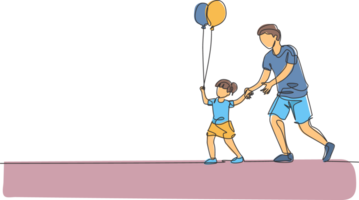 un continu ligne dessin Jeune papa et le sien fille aller à nuit carnaval Festival tandis que le enfant en portant ballon. content famille parentalité concept. Célibataire ligne dessiner conception graphique illustration png