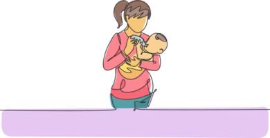 One single line drawing of young mother carrying and feeding her baby with nutritious food at home illustration. Happy parenting learning concept. Modern continuous line draw graphic design png