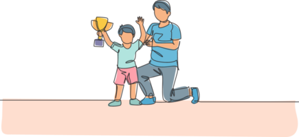 un continu ligne dessin Jeune papa féliciter le sien fils qui gagner premier endroit trophée à étude concours. content famille parentalité concept. dynamique Célibataire ligne dessiner graphique conception illustration png