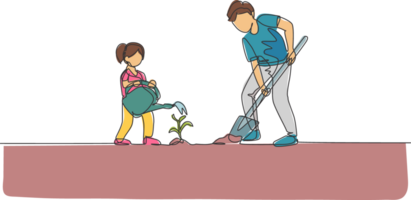 One single line drawing young father digging ground using shovel and daughter watering a plant at home garden illustration. Happy parenting learning concept. Continuous line graphic draw design png