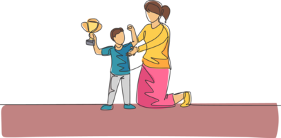 Single kontinuierlich Linie Zeichnung von jung Mutter gratulieren ihr Sohn Wer Sieg zuerst Platz Trophäe beim Studie Wettbewerb. glücklich Familie Elternschaft Konzept. modisch einer Linie zeichnen Design Illustration png