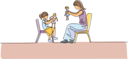 einer Single Linie Zeichnung von jung Mama und ihr Tochter Standort auf Stuhl und spielen Prinzessin Puppe zusammen beim Zuhause Illustration. glücklich Familie Verbindung Konzept. modern kontinuierlich Linie zeichnen Design png