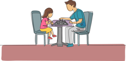 enda kontinuerlig linje teckning av ung far lokaliserings på stol tror allvarligt spelar schack mot hans dotter på Hem. Lycklig familj föräldraskap begrepp. ett linje dra design illustration png