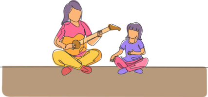 Single kontinuierlich Linie Zeichnung von jung Mutter spielen Gitarre und glücklich Singen zusammen mit ihr Tochter beim heim. glücklich Familie Elternschaft Konzept. modisch einer Linie zeichnen Design Illustration png