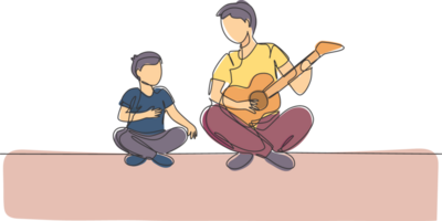 ett kontinuerlig linje teckning av ung pappa spelar gitarr och Lycklig sång tillsammans med hans son på Hem. Lycklig familj föräldraskap begrepp. dynamisk enda linje dra design grafisk illustration png