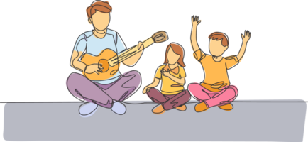 1 contínuo linha desenhando do jovem alegre pai jogando guitarra e cantando juntos com crianças às lar. feliz família paternidade conceito. dinâmico solteiro linha desenhar Projeto ilustração png