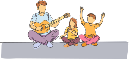 One continuous line drawing of young cheerful father playing guitar and singing together with kids at home. Happy family parenthood concept. Dynamic single line draw design illustration png