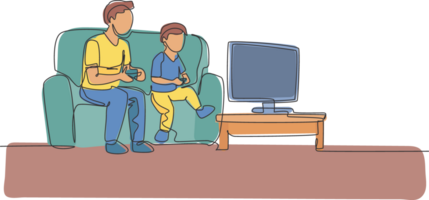 einer Single Linie Zeichnung von jung Papa und Sohn Sitzung auf Sofa während spielen Video Spiel zusammen beim Zuhause Grafik Illustration. glücklich Familie Erziehung Konzept. modern kontinuierlich Linie zeichnen Design png