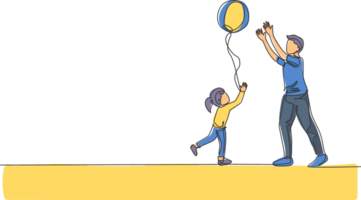 uno soltero línea dibujo de joven papá jugando lanzar playa pelota con su hija a hogar ilustración. contento familia paternidad concepto. moderno continuo línea gráfico dibujar diseño png