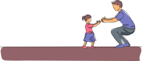 One continuous line drawing of young dad ready to hug daughter who learned to walk towards him at home. Happy family parenthood concept. Dynamic single line draw design graphic illustration png