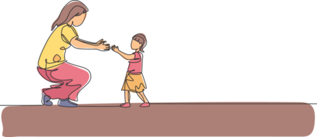 One single line drawing of young mother ready to hug daughter who learned to walk towards her at home illustration. Happy family parenting concept. Modern continuous line draw graphic design png