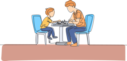 un continu ligne dessin Jeune papa et le sien fils implantation sur chaise et en jouant échecs Jeu ensemble à maison. content famille parentalité concept. dynamique Célibataire ligne dessiner conception illustration graphique png