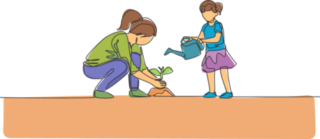 One single line drawing of young mom teach her daughter planting while the kid watering a plant at home garden illustration. Happy parenting learning concept. Modern continuous line draw design png