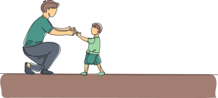 One continuous line drawing of young father ready to hug daughter who learned to walk towards him at home. Happy family parenthood concept. Dynamic single line draw design graphic illustration png