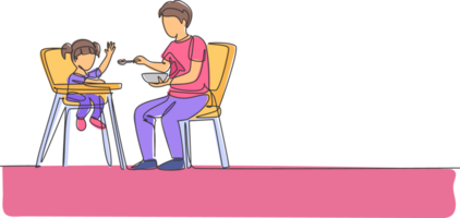 One continuous line drawing of young father feeding his daughter a meal who sit at baby dining chair. Happy family parenthood concept. Dynamic single line draw design illustration graphic png