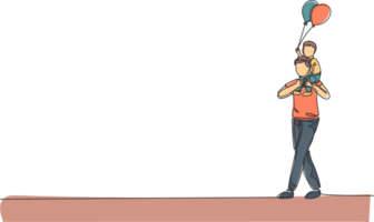One single line drawing of little boy who hold a balloon siting on father's shoulder at night carnival funfair illustration. Happy parenting learning concept. Modern continuous line draw design png