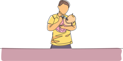 einer Single Linie Zeichnung von jung Vater Tragen und Fütterung seine Baby mit nahrhaft Essen beim Zuhause Grafik Illustration. glücklich Erziehung Lernen Konzept. modern kontinuierlich Linie zeichnen Design png