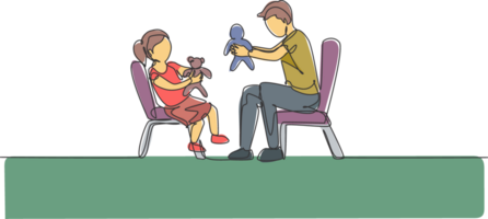 einer kontinuierlich Linie Zeichnung jung Vater und seine Tochter Standort auf Stuhl und spielen Prinzessin Puppe zusammen beim heim. glücklich Familie Konzept. dynamisch Single Linie zeichnen Design Grafik Illustration png