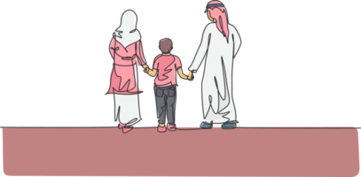 uno singolo linea disegno di giovane islamico mamma e papà a piedi insieme e hold loro ragazzi mano illustrazione. arabo musulmano contento famiglia genitorialità concetto. moderno continuo linea disegnare design png