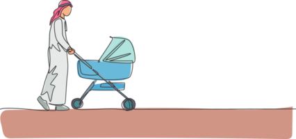 One continuous line drawing of young Arabian dad walking and pushing baby trolley at mall. Islamic Muslim happy family parenting concept. Dynamic single line draw design illustration png