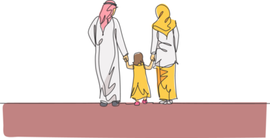 enda kontinuerlig linje teckning av ung islamic mamma och pappa promenad medan håll deras dotter flickans hand tillsammans. arab muslim Lycklig familj föräldraskap begrepp. ett linje dra design illustration png