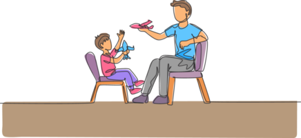 One single line drawing young dad and his son sitting on chair and playing airplane toy together at home graphic illustration. Happy family bonding concept. Modern continuous line draw design png