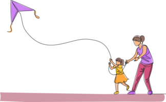 ett kontinuerlig linje teckning av ung mor och henne dotter spelar till flyga drake upp in i de himmel på utomhus- fält. Lycklig familj föräldraskap begrepp. dynamisk enda linje dra design illustration png