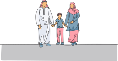 enda kontinuerlig linje teckning av ung arab mor och far promenad tillsammans och håll deras pojke söner hand. islamic muslim Lycklig familj föräldraskap begrepp. ett linje dra design illustration png