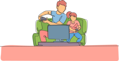 single doorlopend lijn tekening van jong vader en dochter zittend Aan sofa terwijl spelen video spel samen Bij huis, gelukkig ouderschap. familie pret concept. een lijn trek ontwerp illustratie png