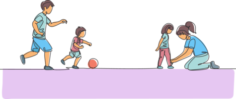 einer kontinuierlich Linie Zeichnung von jung spielen Fußball mit Sohn beim Feld während Mutter binden Tochter Schnürsenkel. glücklich Familie Erziehung Konzept. dynamisch Single Linie zeichnen Design Illustration png