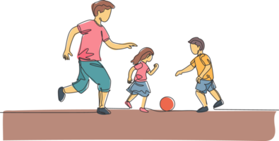 1 solteiro linha desenhando do jovem pai corre e jogar futebol futebol com dele filho e filha às público parque ilustração. feliz família parentalidade conceito. moderno contínuo linha desenhar Projeto png