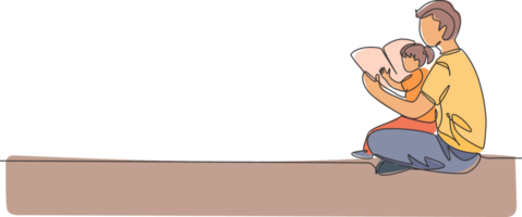 One continuous line drawing of young dad sitting on floor and reading story book to his daughter at home. Happy family parenthood concept. Dynamic single line graphic draw design illustration png
