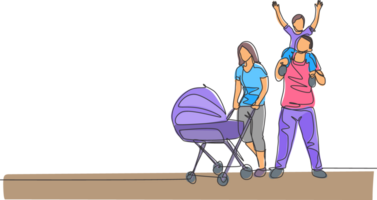 One continuous line drawing of young mom pushing baby stroller at park while dad carrying his son on shoulder. Happy family parenting concept. Dynamic single line draw design illustration png