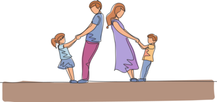 Single kontinuierlich Linie Zeichnung von jung Mutter und Tochter halten ihr Sohn und Tochter Hand während Tanzen zusammen beim heim. glücklich Familie Erziehung Konzept. einer Linie zeichnen Design Illustration png